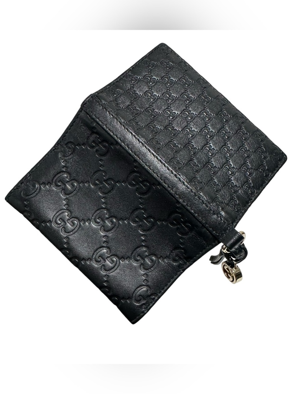 Gucci Black Microguccisima Embossed Monogram Leather & Gold GG Charm Card Holder - Picture 4 of 12